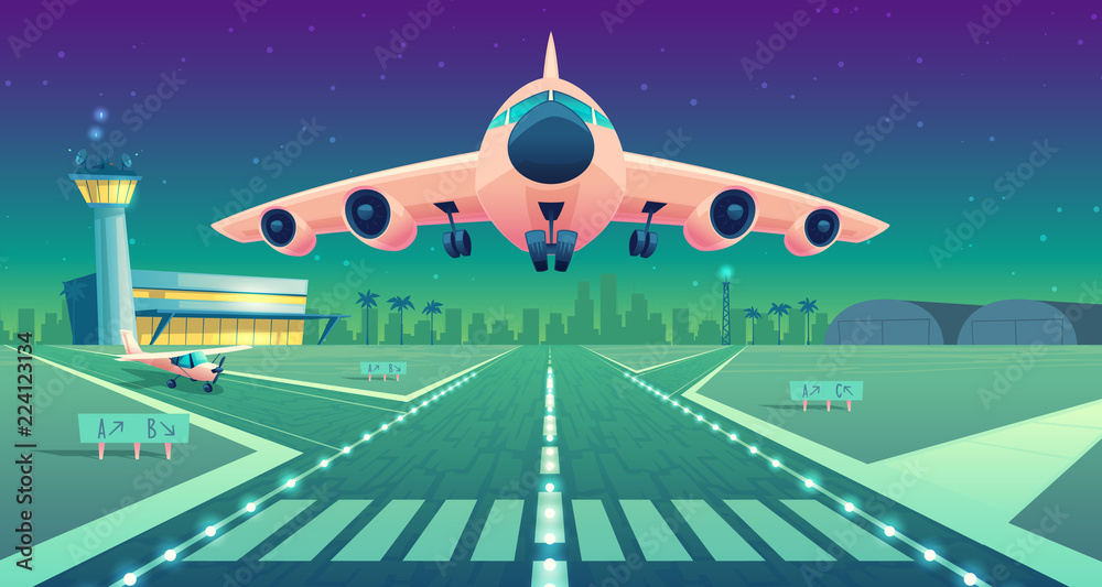 Vector cartoon illustration, white airliner, jet over runway. Takeoff or landing commercial airplane against background of blue night sky or airport building with lights control tower. Concept banner Vector cartoon illustration, white airliner, jet over runway. Takeoff or landing commercial airplane against background of blue night sky or airport building with lights control tower. Concept banner