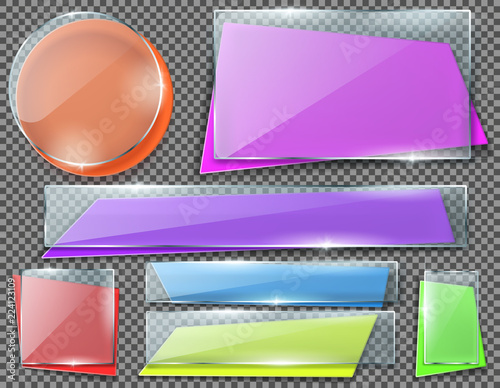 Vector realistic set of color banners under transparent glass plates, blank shining isolated frames. Collection of empty colorful planks in different shapes with glossy effect. Clipart for your design