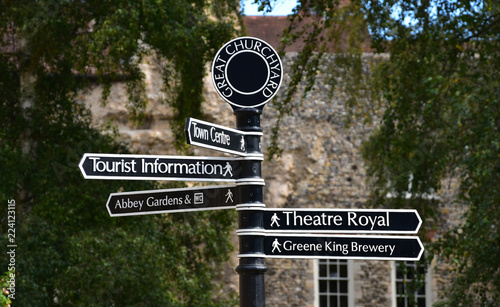 Obraz na plátně Sign for various tourist attractions in Medieval Bury St Edmunds, Suffolk, Engla