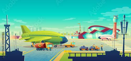 Vector cartoon airport landscape, green airliner, jet on runway. Maintenance and refueling, loading of luggage on commercial airplane on background of building with control tower. Concept banner