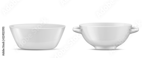 Vector 3d realistic porcelain tableware, white glass dishes for different food. Salad bowl with handles and shadows, tureens and glassware with reflections. Clear bowls, china ceramic.