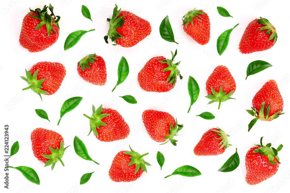 Strawberries decorated with green leaves isolated on white background. Top view. Flat lay pattern Strawberries decorated with green leaves isolated on white background. Top view. Flat lay pattern