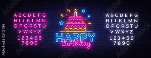 Happy Birthday Neon Text Vector. Happy Birthday neon sign, design template, modern trend design, night neon signboard, night bright advertising, light banner. Vector. Editing text neon sign