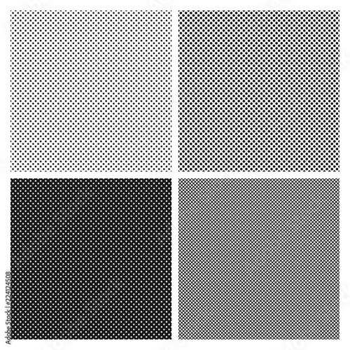 Set of halftone seamless patterns in black and white. Halftone dots imitation for texture filling.