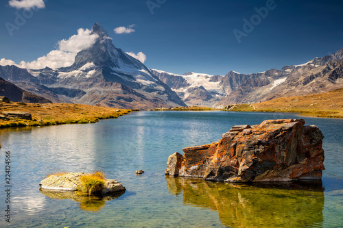 Swiss Alps. Landscape image of Swiss Alps with Stellisee and Matterhorn in the background.