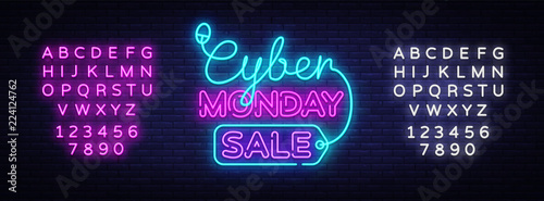 Cyber Monday, discount sale concept Vector illustration in neon style, online shopping and marketing concept. Neon luminous signboard, bright banner, Light advertisement. Editing text neon sign