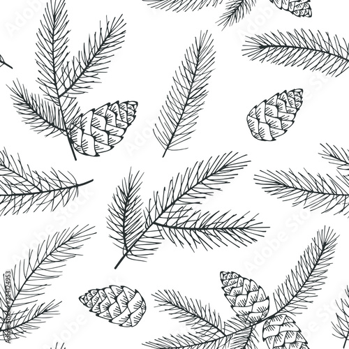 Seamless Christmas pattern with spruce branches and cones. Vector illustration.