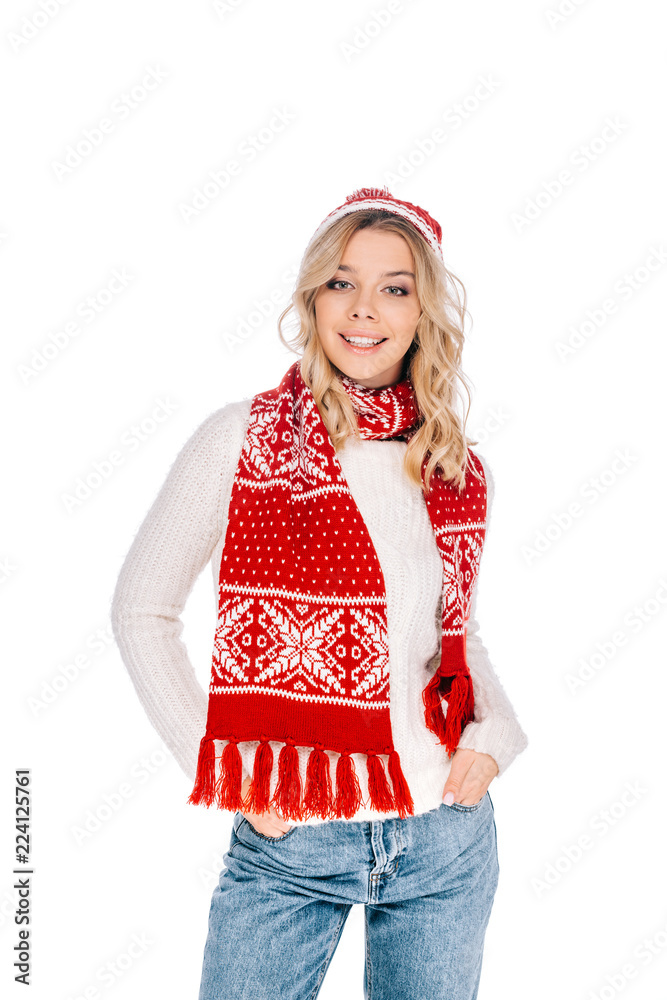beautiful happy young woman in scarf and hat smiling at camera isolated on white beautiful happy young woman in scarf and hat smiling at camera isolated on white