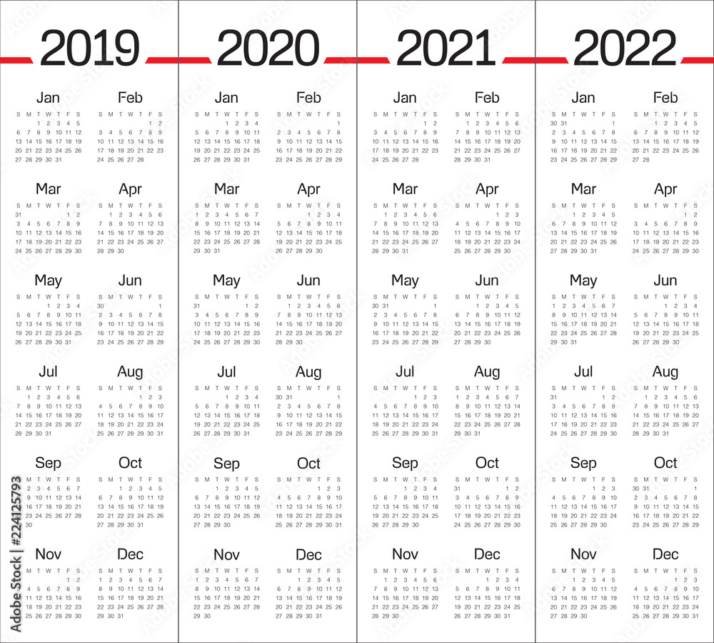 Year 2019 2020 2021 2022 calendar vector design template Stock Vector ...