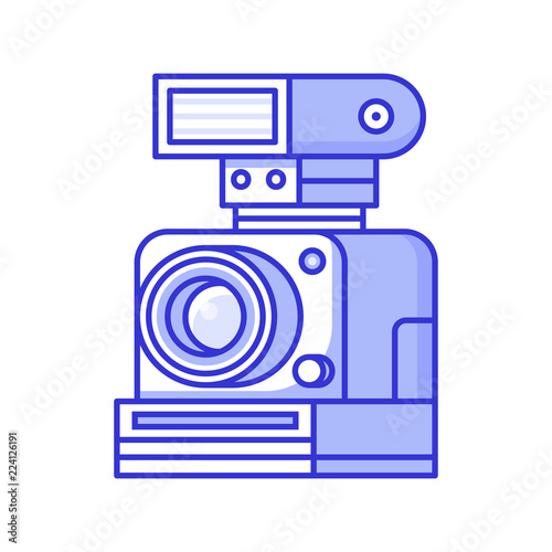 Vintage retro camera with flash. Old-fashioned collectible photographic equipment element. Antique and classic photographer device icon or photo logotype.