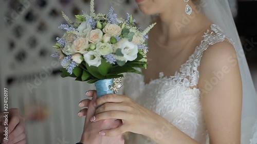 Wedding morning. First meeting of bride and groom in the bridal apartments before wedding ceremony photo