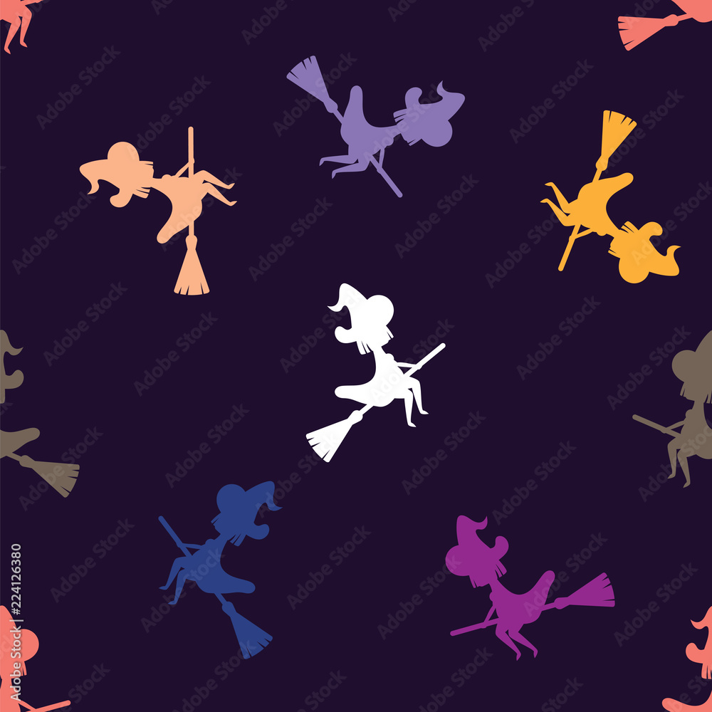 Witch silhouette flying on broom on dark blue background. Halloween pattern witch on broomstick in night sky. Seamless pattern background. Witch silhouette flying on broom on dark blue background. Halloween pattern witch on broomstick in night sky. Seamless pattern background.