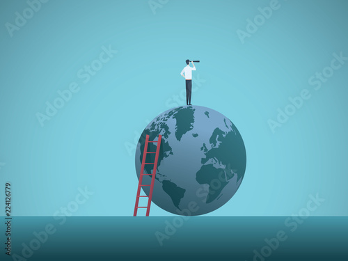 Business vision vector concept with businessman standing on top of the world looking through telescope. Symbol of future, challenge, opportunity, new objectives and leadership.