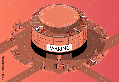 Vector 3d isometric round multi-storey parking with territory. Cars on covered building, urban garage in orange colors, made in black thin lines. Vehicles on road, transportation. Architecture concept