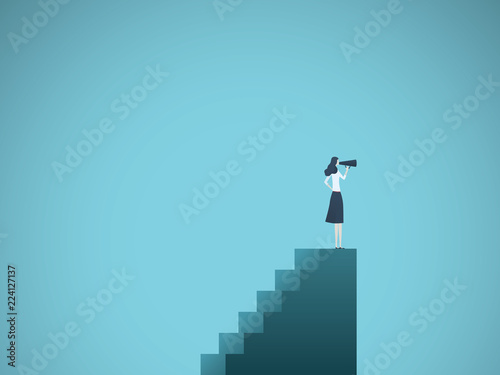 Business woman leader vector concept. Businesswoman standing on top of stairs with telescope. Symbol of business vision, leadership, success.