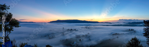 Aerial view panorama landscape blue sky sunrise foggy in mountains of Khao Kho Thailand and landmark for watching mist on morning time.
