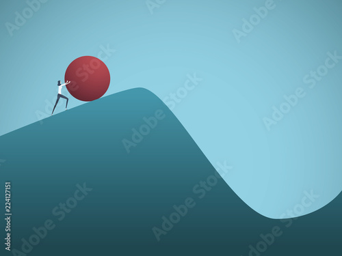 Fotografie, Obraz Businesswoman pushing boulder uphill vector concept of Sisyphus