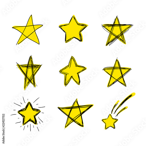 Vector Colored Hand Drawn Doodle Stars, Scribble Drawings, Bright Yellow Color, Isolated Set.