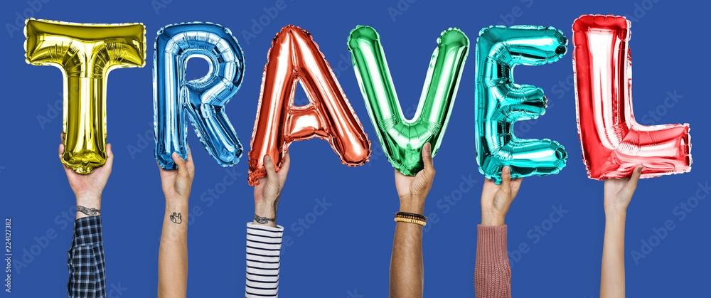 Hands showing travel balloons word Hands showing travel balloons word