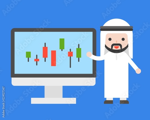 Cute arab businessman presenting candle chart on computer screen ,business situation stock market concept