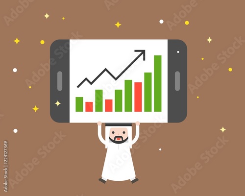 Cute arab businessman carry giant tablet present bar chart, business situation concept