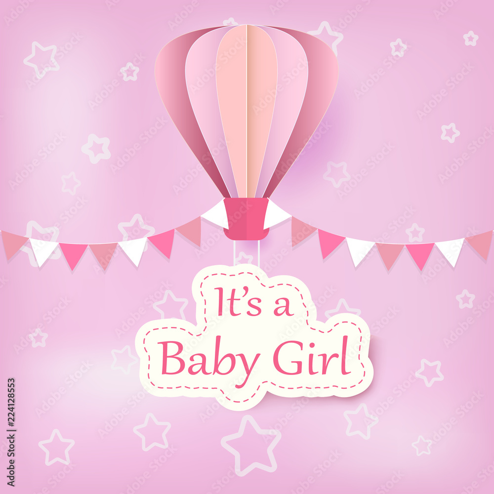 Paper art of hot air balloon with baby girl text shower card paper cut style illustration pink background