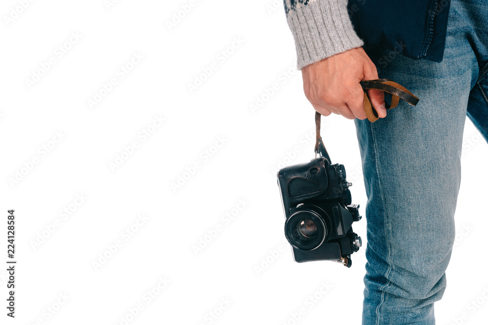 close-up partial view of man holding camera isolated on white close-up partial view of man holding camera isolated on white