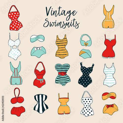 Set of 17 cute stylish hand drawn swimsuits.