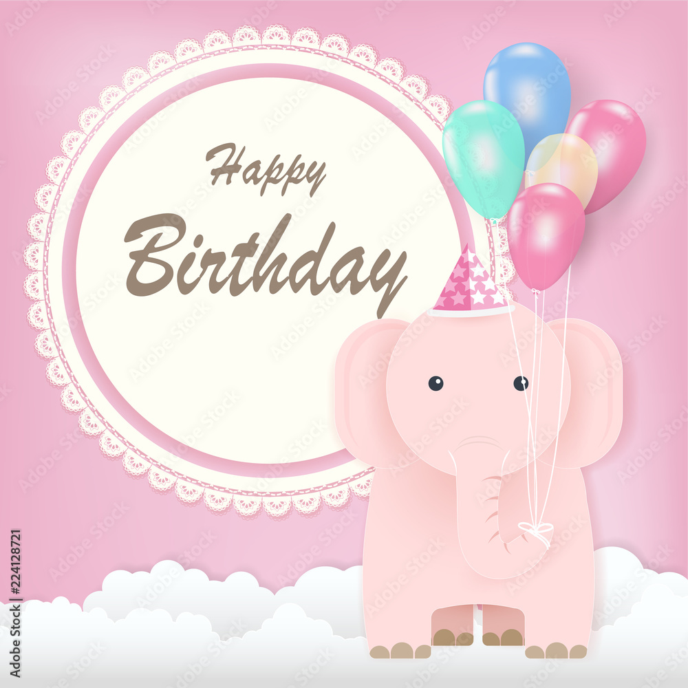 Round retro frame and balloon with elephant on pink Greeting card, Happy Birthday card Round retro frame and balloon with elephant on pink Greeting card, Happy Birthday card
