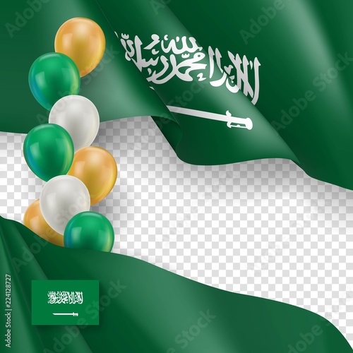 Saudi Arabia patriotic banner with space for text. Realistic waving KSA flag and colorful balloons decoration on transparent background. Official country holiday vector illustration in national colors