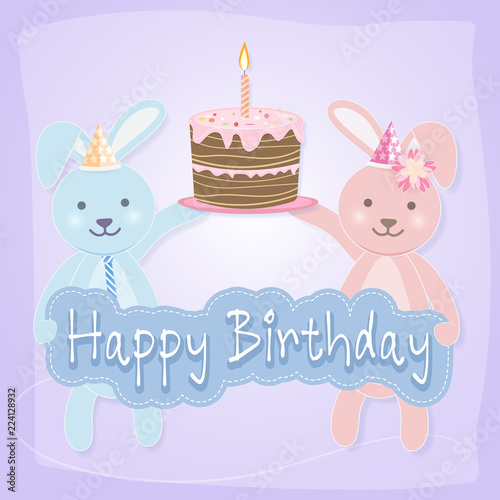 Rabbit couple with cake for Happy Birthday card