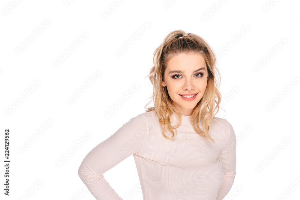 portrait of beautiful young blonde girl smiling at camera isolated on white portrait of beautiful young blonde girl smiling at camera isolated on white