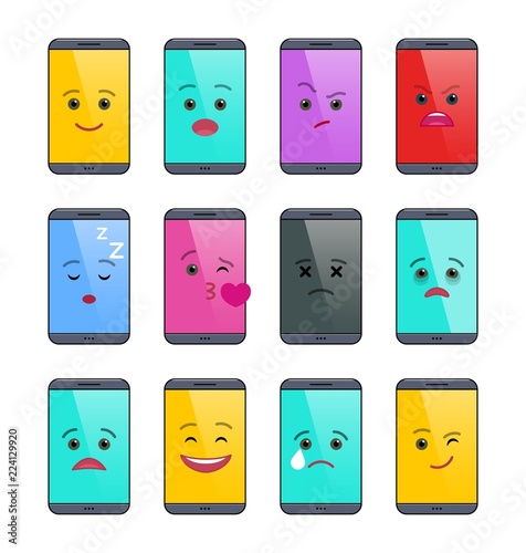 Smartphone with funny emoticons isolated set. Social communication and chatting vector elements. Digital gadget emoji symbols in flat style. Mobile phone with different facial expressions on screen.