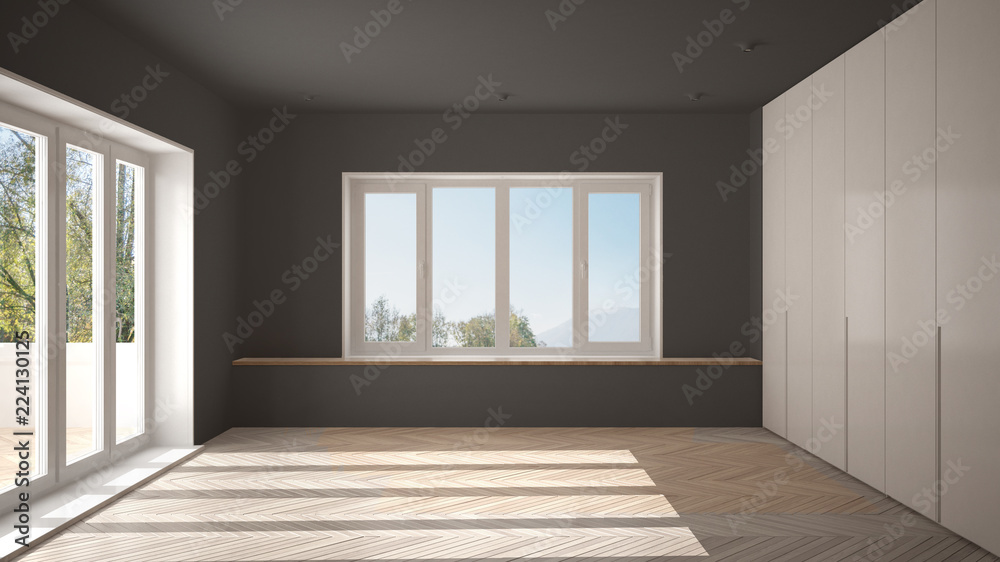 Fototapeta premium Modern empty space with big panoramic windows and wooden floor, minimalist white and gray architecture interior design