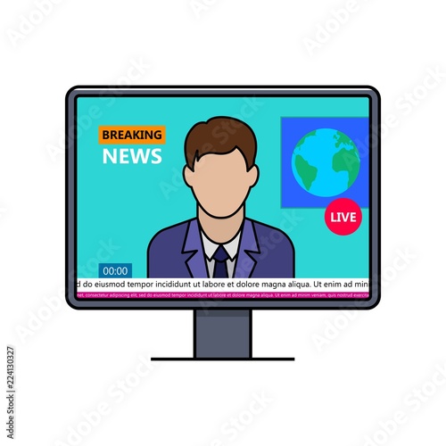 Breaking news with male speaker on lcd display thin line icon. World news live broadcasting vector illustration. TV news in studio outline pictogram. Reporter or journalist in TV channel program.