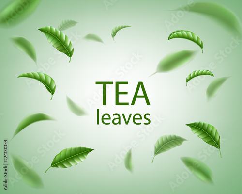 Green tea background. Realistic tea leaves whirl in the air. Floral elements for design, advertising, packaging. Vector illustration.