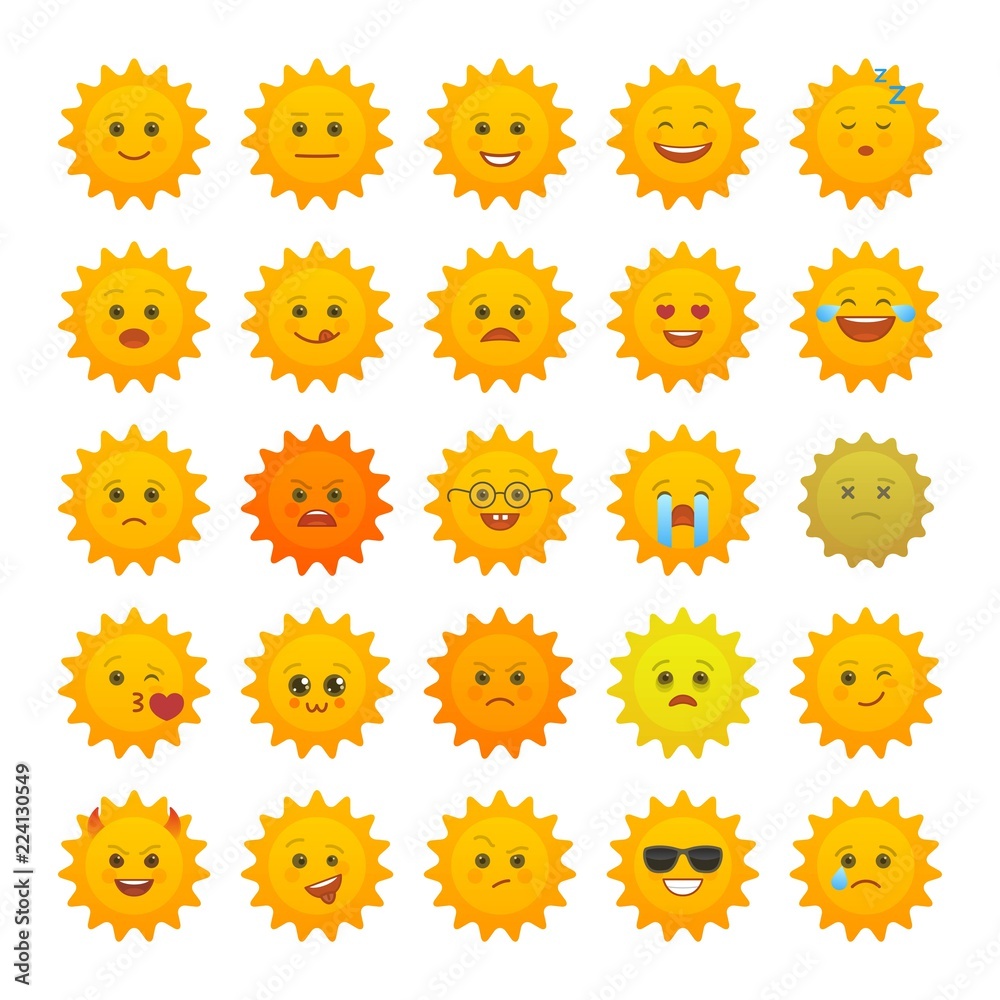 Yellow sun emoticons isolated set. Summer sun with angry, joy, love, sad, laugh, happy emoji. Social communication and weather widget. Faces with various emotions. Weather forecast vector elements Yellow sun emoticons isolated set. Summer sun with angry, joy, love, sad, laugh, happy emoji. Social communication and weather widget. Faces with various emotions. Weather forecast vector elements