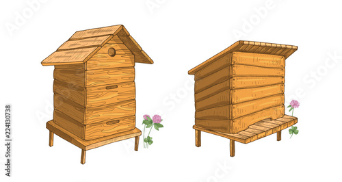 Set of wooden beehives isolated on white background