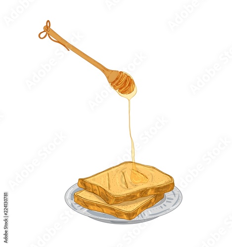Honey dripping from wooden dipper on bread slices lying on plate