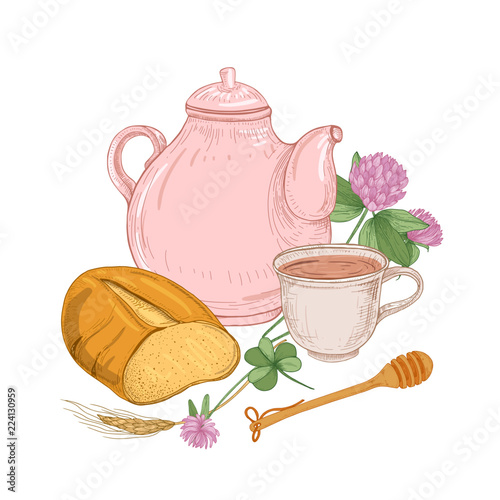 Teapot, cup of tea, bread loaf, honey dipper, clover flowers and cereal ear