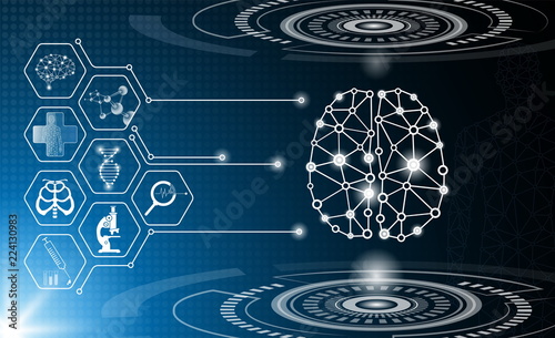 abstract background technology concept in blue light,brain and human body heal ,technology modern medical science in future and global international medical with tests analysis clone DNA human