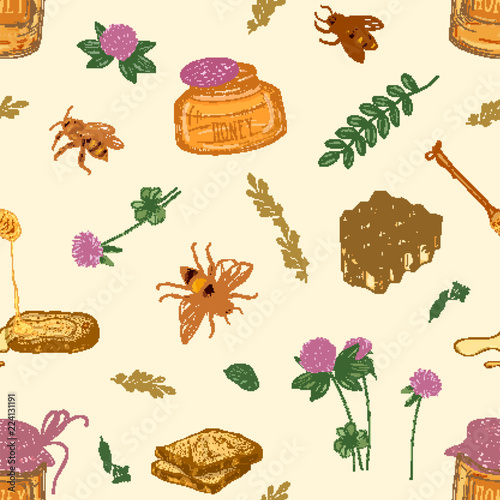 Seamless pattern with honey, bees, honeycomb, linden, acacia, clover plants, ...