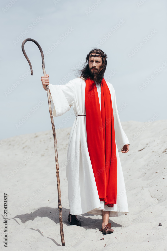 Φωτογραφία Jesus in robe, red sash and crown of thorns standing with wooden staff in desert