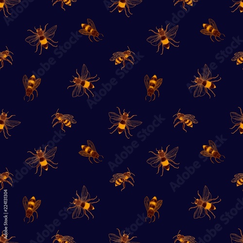 Seamless pattern with honey bees on dark background. Apiculture or beekeeping...