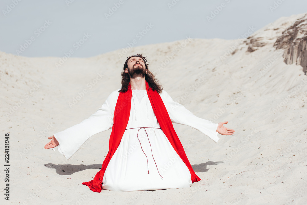 Jesus In Robe And Crown Jesus in robe, red sash and crown of thorns standing on knees with open ...