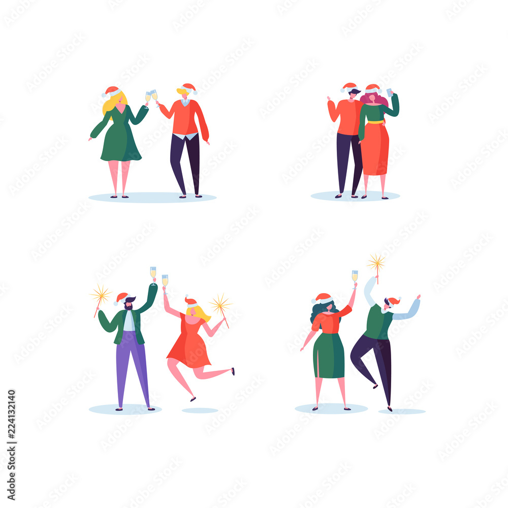 Flat People Celebrating New Year Party with Champagne Glasses. Joyful Characters in Santa Claus Hats on Christmas. Vector illustration