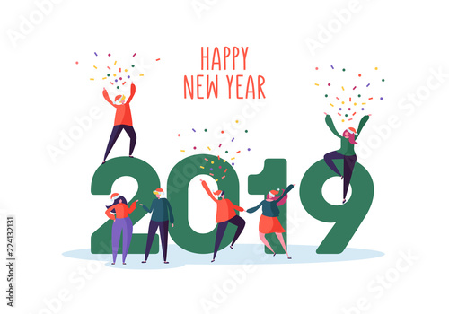Happy New Year 2019 Greeting Card. Flat People Characters in Santa Claus Hats Celebrating Party with Confetti. Vector illustration