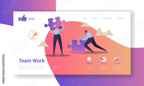 Team Work Landing Page Template. Website Layout with Flat People Characters with Puzzle. Easy to Edit and Customize Mobile Web Site. Vector illustration