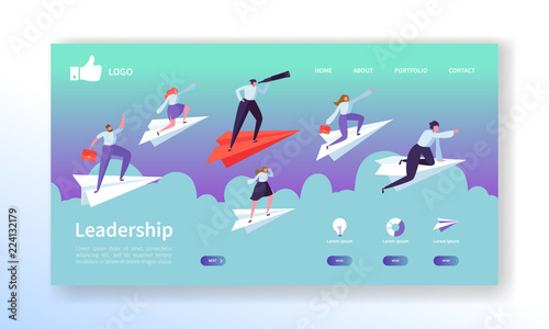 Business Vision Landing Page Template. Website Layout with Flat People Characters Flying on Paper Plane. Easy to Edit and Customize Mobile Web Site. Vector illustration