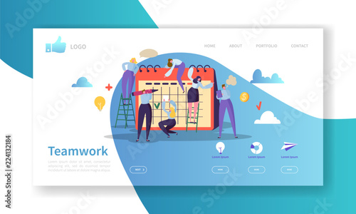 Team Work Landing Page Template. Website Layout with Flat People Characters Working Together. Easy to Edit and Customize Mobile Web Site. Vector illustration